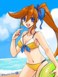 Rule 34 | 1girl, :d, ace attorney, athena cykes, bare shoulders, beach, bikini, blue eyes, blue ribbon, blue sky, breasts, cleavage, cloud, crescent, crescent earrings, earrings, hair between eyes, hair ribbon, holding, holding swim ring, innertube, jewelry, long hair, looking at viewer, medium breasts, navel, ocean, open mouth, orange hair, ribbon, side ponytail, single earring, sky, smile, solo, swim ring, swimsuit, tears tni, teeth, twitter username, upper teeth only, yellow bikini