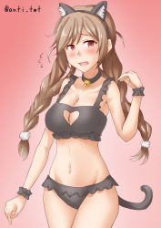 Rule 34 | 1girl, animal ears, anti (untea9), bell, black bra, black panties, bra, braid, breasts, cat ears, cat lingerie, cat tail, cleavage, cleavage cutout, clothing cutout, cloud hair ornament, commentary request, embarrassed, frilled bra, frilled panties, frills, gradient background, gradient hair, heart cutout, highres, jingle bell, kantai collection, large breasts, light brown hair, long hair, meme attire, minegumo (kancolle), multicolored hair, one-hour drawing challenge, panties, red background, red eyes, solo, tail, twin braids, underwear, underwear only