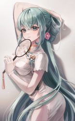 Rule 34 | 1girl, aqua eyes, aqua hair, arm on own head, blush, bracelet, breasts, chinese clothes, cleavage, cleavage cutout, closed mouth, clothing cutout, collared dress, cowboy shot, dress, espi, flower, from side, hair flower, hair ornament, hatsune miku, highres, holding, jewelry, light, long hair, looking at viewer, medium breasts, pink flower, shadow, shaohua hatsune miku, short sleeves, simple background, single hair ring, smile, solo, standing, very long hair, vocaloid, white background, white dress