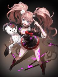 Rule 34 | 1girl, :d, bear hair ornament, black bra, black choker, black footwear, black shirt, blood, blood on clothes, blood on face, blood on leg, blue eyes, boots, bow, bra, breasts, choker, cleavage, commentary request, danganronpa: trigger happy havoc, danganronpa (series), enoshima junko, from above, hair ornament, hand up, highres, holding, knee boots, kokobata, large breasts, legs apart, light brown hair, long hair, looking at viewer, middle finger, miniskirt, monokuma, nail polish, necktie, open mouth, pink blood, pleated skirt, red bow, school uniform, shirt, skirt, sleeves rolled up, smile, solo, standing, teeth, twintails, underwear, upper teeth only, white necktie