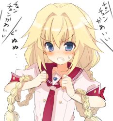 Rule 34 | 1girl, angry, blonde hair, blush, braid, clenched hands, clenched teeth, commentary, embarrassed, hair intakes, hands up, holding, holding hair, hououin suzume, long hair, looking at viewer, low twin braids, nagesuteaka, necktie, pink shirt, puffy short sleeves, puffy sleeves, purple eyes, red necktie, red sailor collar, sailor collar, school uniform, shirt, short sleeves, simple background, solo, sweatdrop, teeth, translated, twin braids, upper body, v-shaped eyebrows, very long hair, white background, yumeiro alouette!