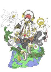 Rule 34 | 1boy, ;), charlie (charlie-1012-a), cuffs, daffodil, engine, flat color, flower, fukase, handcuffs, head wreath, highres, hood, hoodie, horns, indian style, lily (flower), male focus, one eye closed, original, red eyes, red hair, sheep horns, sitting, skull, smile, solo, vocaloid