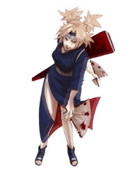 Rule 34 | 1girl, blonde hair, dress, female focus, forehead protector, full body, hand fan, japanese clothes, kuko (winered45), naruto, naruto (series), quad tails, simple background, solo, standing, temari (naruto), white background