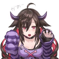 Rule 34 | 1girl, :o, ahoge, belt collar, black collar, black shirt, breasts, brown hair, buckle, claw pose, collar, commentary, demon girl, demon horns, detached sleeves, expressionless, hair between eyes, hair flaps, hands up, horns, jitome, long hair, looking at viewer, medium breasts, multicolored hair, multicolored nails, nail polish, nijisanji, open mouth, parted bangs, pink nails, pointy ears, purple nails, purple shirt, red eyes, red hair, ringed eyes, shirt, shu-mai, sidelocks, simple background, sleeves past fingers, sleeves past wrists, solo, striped, teeth, torn clothes, two-tone hair, upper body, upper teeth only, virtual youtuber, white background, yamiyono moruru