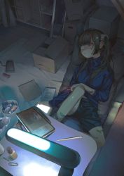 Rule 34 | 1girl, absurdres, bad id, bad twitter id, bandaid, black hair, blue eyes, blue jacket, blunt bangs, bobby pin, bookshelf, box, cardboard box, cigarette, desk lamp, dim lighting, drawing tablet, ear piercing, eyepatch, hair ornament, hair ribbon, hairclip, hand on own knee, highres, holding, holding phone, jacket, joy-con, lamp, long hair, long sleeves, looking to the side, mole, mole under eye, nia (x x02), nintendo switch, original, paperclip, parted lips, phone, piercing, ribbon, shorts, sidelocks, sitting, solo, stylus, trash can, twintails