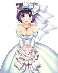 Rule 34 | 1girl, animal ears, bare shoulders, black hair, blue eyes, blush, bouquet, breasts, bridal veil, cat ears, cat tail, cleavage, daibouken! yukeyuke osawari island, dress, elbow gloves, flower, gloves, hair ornament, hair ribbon, holding, ichigo (daibouken! yukeyuke osawari island), jewelry, looking at viewer, medium breasts, necklace, nontan, official art, open mouth, ribbon, short hair, smile, solo, standing, tail, transparent background, veil, wedding dress
