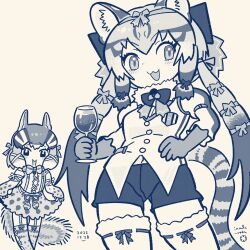 Rule 34 | 2girls, animal ears, bow, bowtie, cat ears, cat girl, cat tail, chipmunk ears, chipmunk girl, chipmunk tail, cup, drinking glass, elbow gloves, extra ears, geoffroy&#039;s cat (kemono friends), gloves, highres, inada roku, kemono friends, kemono friends v project, kneehighs, long hair, looking at viewer, microphone, multiple girls, ribbon, shirt, short hair, shorts, siberian chipmunk (kemono friends), simple background, skirt, socks, suspenders, tail, twintails, vest, virtual youtuber, wine glass