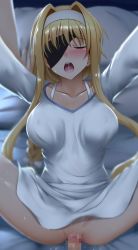Rule 34 | 1boy, 1girl, alice zuberg, ass, bed, blonde hair, blush, bottomless, censored, clothed sex, eyepatch, ginhaha, hetero, highres, kirito, missionary, penis, pov, pussy juice, sex, sword art online, vaginal