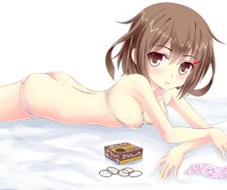 Rule 34 | 10s, 1girl, ass, bad id, bad pixiv id, bikini, blush, breasts, brown eyes, brown hair, butt crack, condom, condom packet strip, condom wrapper, crossed arms, hair ornament, ikazuchi (kancolle), kantai collection, looking at viewer, lying, micro bikini, noveske n4, on stomach, open mouth, rubber band, short hair, small breasts, solo, swimsuit, white bikini