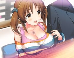 Rule 34 | 1boy, 1girl, blush, breasts, brown eyes, brown hair, cleavage, formal, heart, heart necklace, idolmaster, idolmaster cinderella girls, large breasts, locked arms, long hair, natsuya (natuya777), necklace, open mouth, out of frame, producer (idolmaster), scrunchie, smile, suit, totoki airi, twintails