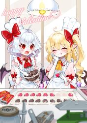 Rule 34 | 2girls, :t, ahoge, angry, aorin oekaki, apron, ascot, bat wings, blonde hair, blush, bow, candy, ceiling light, center frills, chef hat, chocolate, chocolate heart, chocolate making, closed eyes, commentary request, crystal, drill hair, drill ponytail, fang, flandre scarlet, food, food on face, frilled apron, frilled shirt collar, frills, gloves, hair bow, hair intakes, happy valentine, hat, heart, heart ahoge, highres, long hair, medium hair, multiple girls, pink shirt, pointy ears, puffy short sleeves, puffy sleeves, red ascot, red brooch, red eyes, red ribbon, remilia scarlet, ribbon, shirt, short sleeves, siblings, side ponytail, sisters, sugar (food), sweat, touhou, v-shaped eyebrows, valentine, white apron, white gloves, white hair, white headwear, wings, yellow ascot