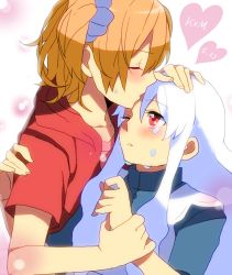 Rule 34 | 2girls, bad id, bad pixiv id, blonde hair, blush, chatubo, creator connection, kissing forehead, heart, kagerou project, kisaragi attention (vocaloid), kisaragi momo, kiss, kissing forehead, kozakura marry, long hair, multiple girls, red eyes, short hair, side ponytail, silver hair, souzou forest (vocaloid), tears, vocaloid, yuri