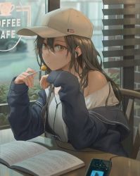 Rule 34 | 1girl, absurdres, bare shoulders, baseball cap, black hair, blue jacket, blurry, blush, book, brown eyes, brown hair, cafe, candy, cellphone, chair, closed mouth, commentary, depth of field, earbuds, earphones, english commentary, food, free style (yohan1754), hair between eyes, hat, highres, holding, holding candy, holding food, holding lollipop, indoors, jacket, lollipop, long hair, long sleeves, looking at viewer, off-shoulder shirt, off shoulder, open book, original, phone, print headwear, shirt, sidelocks, sitting, sleeves past wrists, smartphone, solo, table, upper body, white hat, white shirt, window, window blinds
