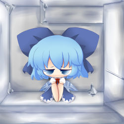 Rule 34 | 1girl, bad id, bad pixiv id, blue dress, blue eyes, blue hair, blush, bow, chibi, cirno, cocozasa, dress, hair bow, ice, in container, in refrigerator, matching hair/eyes, mundane utility, refrigerator, short hair, sitting, solo, touhou, wings