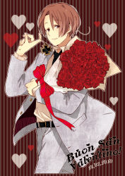Rule 34 | 1boy, axis powers hetalia, bad id, bad pixiv id, bouquet, brown hair, flower, formal, french text, happy valentine, heart, italian text, jewelry, male focus, necklace, northern italy (hetalia), red flower, red rose, rose, simekirikowai, smile, solo, valentine