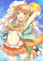 1girl :d ahoge armpits arms_up ball beachball belt bikini bikini_skirt blonde_hair blue_sky blush breasts cleavage cloud cloudy_sky commentary_request day dragon_girl dragon_tail floating_hair green_eyes halterneck highleg holding leg_up long_hair looking_at_viewer navel open_mouth orange_bikini original outdoors pointy_ears sidelocks sky slippers small_breasts smile solo sunlight swimsuit tail thighs topia water