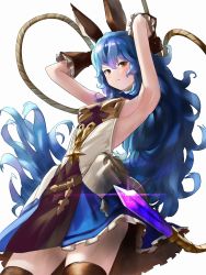 Rule 34 | 1girl, armpits, arms up, blue hair, blue skirt, blush, breasts, brown eyes, brown gloves, brown thighhighs, closed mouth, elbow gloves, erune, ferry (granblue fantasy), from below, frown, glint, gloves, granblue fantasy, grey background, hair between eyes, long hair, looking at viewer, looking down, medium breasts, shirt, sideboob, simple background, skirt, sleeveless, sleeveless shirt, solo, standing, thighhighs, v-shaped eyebrows, very long hair, wasabi60, wavy hair, white shirt