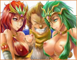 Rule 34 | 1boy, 2girls, bad id, bad pixiv id, grabbing another&#039;s breast, breasts squeezed together, breasts, breath of fire, breath of fire ii, covered erect nipples, girl sandwich, grabbing, green eyes, green hair, grin, groping, large breasts, multiple girls, naughty face, nipples, red eyes, red hair, sana, sandwiched, smile, spoo (breath of fire), sten legacy, tanaka tsuyushi