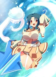 Rule 34 | 1girl, absurdres, aquaplus, arm up, atuy, blue hair, blush, breasts, cleavage, cleavage cutout, clothing cutout, dress, full body, highres, holding, holding polearm, holding spear, holding weapon, housengo, jellyfish, kurarin (utawarerumono), large breasts, long sleeves, looking at viewer, open mouth, orange eyes, parted bangs, polearm, raised eyebrows, short hair with long locks, short shorts, shorts, spear, teeth, thighs, tongue, utawarerumono, utawarerumono: itsuwari no kamen, weapon, wide sleeves