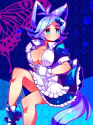 Rule 34 | 1girl, animal ears, apron, bad id, bad pixiv id, blue eyes, blue hair, blush, bow, breasts, bug, butterfly, cleavage, dress, fubuki shirou, genderswap, genderswap (mtf), gloves, hair bow, inazuma eleven, inazuma eleven (series), insect, large breasts, mary janes, matching hair/eyes, open clothes, shoes, solo, tail, zippo (3756c)