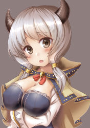 Rule 34 | 10s, 1girl, breast hold, breasts, brown eyes, capelet, cleavage, draph, female focus, fuyuzora, granblue fantasy, highres, horns, kumuyu, large breasts, long hair, long sleeves, looking at viewer, low twintails, open mouth, silver hair, simple background, solo, twintails, upper body, wide sleeves
