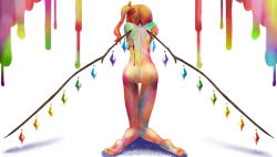 Rule 34 | 1girl, ass, back, barefoot, bleeding, blonde hair, blood, bodypaint, bow, demon wings, feet, flandre scarlet, from behind, full body, hair bow, kneeling, knees together feet apart, legs, mikan@renshu-chu, naked paint, nude, paint splatter, plantar flexion, self hug, shadow, side ponytail, simple background, soles, solo, thigh gap, thighs, toenails, toes, touhou, vampire, white background, wings