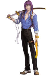 Rule 34 | 00s, 1boy, bad id, bad pixiv id, cosplay, long hair, ludger will kresnik, ludger will kresnik (cosplay), male focus, purple hair, solo, suspenders, sword, tales of (series), tales of vesperia, tales of xillia, tales of xillia 2, thigh strap, unbuttoned, weapon, white background, yarr, yuri lowell