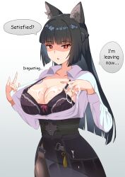 1girl absurdres animal_ear_fluff animal_ears bernardo_(ggpa8423) black_hair black_skirt blunt_bangs breasts cleavage collarbone cowboy_shot cum cum_on_body english_text fox_ears fox_girl high-waist_skirt highres hoshimi_miyabi long_hair looking_at_viewer open_mouth paid_reward_available red_eyes shirt sidelocks skirt solo speech_bubble white_shirt zenless_zone_zero