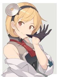 Rule 34 | 1girl, bare shoulders, black gloves, black hairband, blonde hair, blush, border, breasts, closed mouth, commentary request, djeeta (granblue fantasy), djeeta (granblue fantasy) (doctor), doctor (granblue fantasy), gloves, granblue fantasy, grey background, hair ornament, hairband, hinami (hinatamizu), jacket, long sleeves, looking at viewer, medium breasts, necktie, off shoulder, open clothes, open jacket, red eyes, red necktie, short hair, simple background, smile, solo, upper body, white border, white jacket