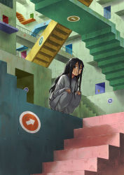 Rule 34 | 1girl, arrow (symbol), black eyes, black hair, hair over face, hashi, long hair, looking at viewer, maze, parted lips, sleeves past wrists, solo, squatting, stairs