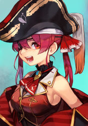Rule 34 | 1girl, aqua background, arrow through heart, bare shoulders, black coat, blouse, blush, breasts, brooch, coat, eyepatch, hat, hololive, houshou marine, hungry clicker, jewelry, leotard, leotard under clothes, looking at viewer, medium breasts, off shoulder, open mouth, pirate hat, red eyes, red hair, see-through, see-through leotard, shirt, sideboob, sleeveless, sleeveless shirt, smile, solo, twintails, upper body, virtual youtuber