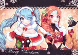 Rule 34 | 2girls, :d, adapted costume, arm warmers, armor, artist name, bare shoulders, beancurd, bell, black gloves, black ribbon, blue eyes, blue hair, blush, bow, braid, breasts, capelet, christmas, cleavage, closed mouth, collarbone, earmuffs, eyes visible through hair, flower, framed breasts, fur trim, gingerbread man, gloves, green bow, hair bell, hair flower, hair ornament, hair over eyes, hair over one eye, hair over shoulder, hair ribbon, hand on own hip, hand up, hat, large breasts, league of legends, leona (league of legends), letterboxed, long hair, looking at viewer, medium breasts, merry christmas, multiple girls, musical note, musical note print, open mouth, orange eyes, orange hair, pauldrons, pom pom (clothes), pouch, quaver, red bow, red ribbon, ribbon, santa hat, shield, shoulder armor, single braid, smile, snowflakes, sona (league of legends), star (symbol), swept bangs, transparent, treble clef, twintails, upper body, vambraces, yellow ribbon