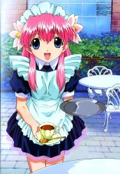 Rule 34 | 00s, 1girl, absurdres, blue eyes, coffee, coffee cup, copyright name, crease, cup, disposable cup, galaxy angel, hair flower, highres, long hair, looking at viewer, maid, milfeulle sakuraba, official art, open mouth, outdoors, pink hair, puffy sleeves, saucer, scan, smile, solo, teaspoon, tray, waitress