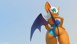 Rule 34 | 1girl, alternate costume, animal ears, animal nose, artist name, ass, back, backless swimsuit, bare shoulders, bat ears, bat girl, bat wings, black wings, blue background, blue eyeshadow, blue one-piece swimsuit, body fur, breasts, cameltoe, cleft of venus, clothing cutout, cowboy shot, eyeshadow, female focus, from behind, from below, furry, furry female, gradient background, green eyes, grin, half-closed eyes, hands on own hips, happy, looking at viewer, looking back, looking down, makeup, medium breasts, one-piece swimsuit, rouge the bat, short hair, simple background, smile, solo, sonic (series), standing, strapless, strapless one-piece swimsuit, swimsuit, tail, tail through clothes, teeth, thick thighs, thighs, totesfleisch8, watermark, white fur, white hair, wide hips, wings
