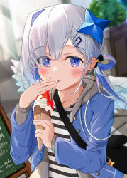 Rule 34 | 1girl, absurdres, amane kanata, blue eyes, blue hair, blue halo, blue jacket, blurry, blush, colored inner hair, commentary request, day, depth of field, eating, feathered wings, food, grey hair, halo, highres, holding, holding food, holding ice cream, hololive, ice cream, jacket, long hair, long sleeves, looking at viewer, mini wings, multicolored hair, outdoors, rate mogyu, shirt, single hair intake, solo, streaked hair, striped clothes, striped shirt, tongue, tongue out, upper body, virtual youtuber, white wings, wings