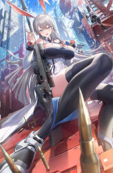 Rule 34 | 3girls, :d, absurdres, ai arctic warfare, animal ears, bare shoulders, blue eyes, bolt action, boots, breasts, building, bullet, can, cleavage, cloud, copyright request, day, drone, fake animal ears, fang, floating hair, foreshortening, grey hair, gun, hand on own chest, highres, holding, holding bullet, holding can, horns, large breasts, long hair, long sleeves, looking at viewer, morichika shuuto, multicolored hair, multiple girls, open mouth, outdoors, rabbit ears, red hair, rifle, sitting, slit pupils, smile, sniper rifle, streaked hair, tail, thighhighs, very long hair, weapon, white thighhighs