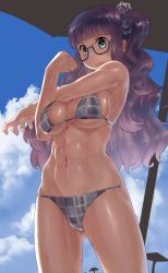 Rule 34 | 1girl, abs, ahoge, armpits, bikini, blue eyes, blunt bangs, breasts, character request, clenched hand, cloud, commentary request, cowboy shot, gankutsu-sou no fuyajou-san, glasses, gluteal fold, highres, large breasts, long hair, looking at viewer, monosenbei, muscular, muscular female, navel, open mouth, plaid, plaid bikini, purple hair, scrunchie, semi-rimless eyewear, shiny skin, sky, solo, stretching, sweat, sweatdrop, swimsuit, underboob, wavy hair