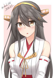 Rule 34 | 1girl, akahi242, bare shoulders, blush, brown eyes, dated, detached sleeves, grey hair, hair between eyes, hair ornament, hairclip, haruna (kancolle), headgear, highres, kantai collection, long hair, looking at viewer, nontraditional miko, one-hour drawing challenge, solo, twitter username, upper body