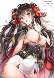 Rule 34 | 1girl, black hair, blush, breasts, brown eyes, buttons, cape, collared shirt, contrapposto, corset, cowboy shot, cropped shirt, double-breasted, girls&#039; frontline, gloves, hair between eyes, hair ribbon, highres, large breasts, long hair, looking at viewer, narae, necktie, open mouth, pleated skirt, red ribbon, ribbon, shirt, sidelocks, skirt, sleeveless, sleeveless shirt, smile, solo, spoken blush, thighhighs, twintails, type 97 (girls&#039; frontline), underboob, very long hair, wet, white shirt, white thighhighs