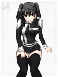 Rule 34 | 00s, 1girl, black hair, black thighhighs, blue eyes, breasts, d.gray-man, lenalee lee, looking at viewer, open mouth, panties, skirt, smile, solo, thighhighs, twintails, underwear, uniform, white panties, zettai ryouiki