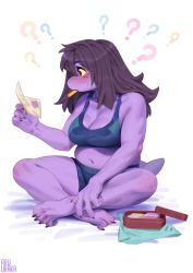Rule 34 | 1girl, blush, boxers, breasts, chalk, claws, cleavage, colored skin, deltarune, eating, envelope, freckles, furry, furry female, highres, indian style, inuki (aruurara), letter, long hair, love letter, male underwear, medium breasts, navel, plump, purple skin, short tail, sitting, solo, sports bra, stomach, susie (deltarune), tail, underwear