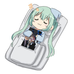 Rule 34 | 1girl, :3, blanket, blush stickers, chibi, commentary, futon, girls&#039; frontline, green hair, hat, holding drawing, korean commentary, long hair, micro uzi (girls&#039; frontline), micro uzi (mod3) (girls&#039; frontline), mod3 (girls&#039; frontline), nightcap, pajamas, pillow, sidarim, simple background, sleeping, solo, twintails, uwu, white background, zzz