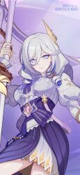 Rule 34 | 1girl, breasts, character name, chinese commentary, closed mouth, drill hair, drill sidelocks, flag, hair between eyes, hare (honkai impact), highres, holding, holding weapon, honkai (series), honkai impact 3rd, large breasts, logo, long hair, long sleeves, looking at viewer, mature female, multicolored hair, official alternate costume, official art, official wallpaper, open hand, purple skirt, shirt, sidelocks, skirt, smile, solo, streaked hair, upper body, weapon, white hair, white shirt