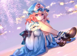 Rule 34 | 1girl, arm strap, black footwear, blue headwear, blue kimono, blush, bobby socks, cloud, commentary request, crossed legs, day, dutch angle, flower, hair between eyes, hugging own legs, japanese clothes, kimono, legs together, long legs, long sleeves, looking at viewer, mary janes, medium hair, nagare, obi, pink eyes, pink hair, pink pupils, ripples, saigyouji yuyuko, sash, shoes, sidelighting, sitting, sitting on water, smile, bow legwear, socks, solo, sunlight, sunset, touhou, triangular headpiece, twilight, water, white socks, wide sleeves, wisteria