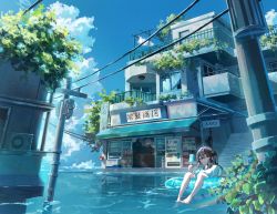 Rule 34 | 1girl, absurdres, afloat, air conditioner, barefoot, black hair, blue sky, brown eyes, candy store, closed mouth, cloud, commentary, cumulonimbus cloud, day, eating, english commentary, feet, food, hair between eyes, hayateluc, highres, holding, holding food, ice cream, innertube, long hair, ocean, original, outdoors, popsicle, power lines, railing, scenery, shirt, shop, sky, solo, stairs, summer, swim ring, toes, tree, utility pole, vending machine, white shirt
