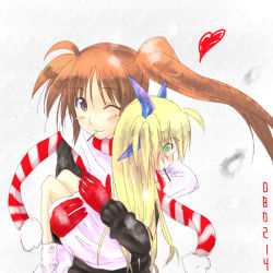 Rule 34 | 00s, 2girls, blush, boshinote, brown eyes, dated, from behind, green eyes, heart, hug, inseki, looking at viewer, looking back, lyrical nanoha, mahou shoujo lyrical nanoha, mahou shoujo lyrical nanoha strikers, multiple girls, one eye closed, scarf, side ponytail, striped clothes, striped scarf, takamachi nanoha, upper body, vertical stripes, vivio, wink