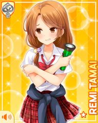 Rule 34 | 1girl, black sweater, bow, bowtie, brown eyes, brown hair, card (medium), closed mouth, flashlight, girlfriend (kari), looking at viewer, low twintails, nervous, official art, plaid, plaid skirt, pleated skirt, qp:flapper, red bow, red skirt, school uniform, shirt, skirt, socks, solo, sweater, tagme, tamai remi, tanabata, tied sweater, twintails, white shirt, yellow background