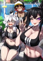 Rule 34 | 3girls, ;p, ^ ^, absurdres, bare arms, bare shoulders, black hair, black shorts, blush, breasts, cleavage, closed eyes, commentary, crop top, d:, dark skin, english commentary, fang, gradient hair, grin, hair between eyes, hand up, highres, large breasts, medium support (meme), melissa (rageman709), meme, midriff, multicolored hair, multiple girls, navel, one eye closed, open mouth, original, purple eyes, rageman709, red hair, sheo (rageman709), short hair, short shorts, shorts, sitting, smile, sports bra, stomach, thighs, tongue, tongue out, w, white hair