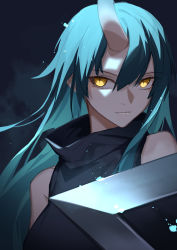 Rule 34 | 1girl, alternate eye color, arknights, black shirt, chinese commentary, closed mouth, commentary request, green hair, hair between eyes, horns, hoshiguma (arknights), leris muma, looking at viewer, shirt, single horn, skin-covered horns, sleeveless, solo, yellow eyes