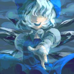 Rule 34 | 1girl, blue theme, bow, cirno, covered eyes, embodiment of scarlet devil, fang, fangs, female focus, smile, solo, touhou, wings